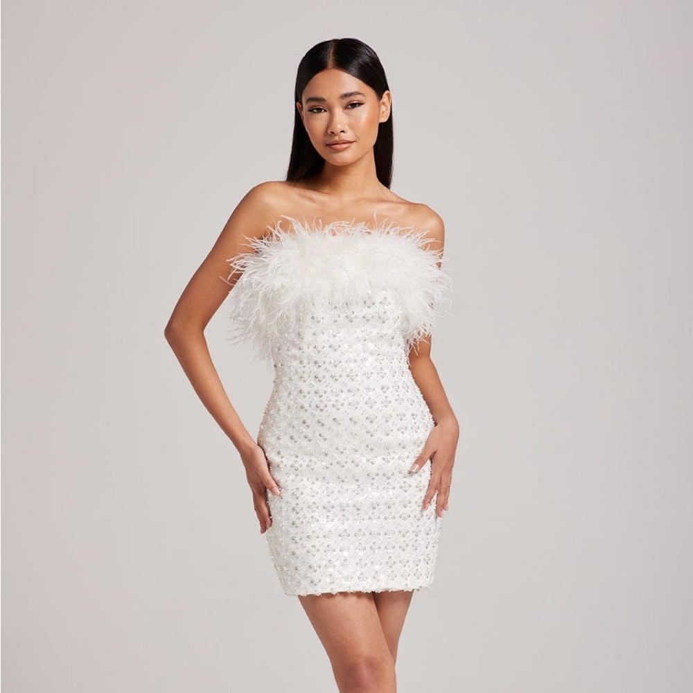 Nadine Merabi Harlow Dress White Fitted Sequin Strapless Dress with Feathers
